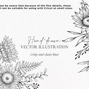 K&ouml;nnte beinhalten: Schwarz-wei&szlig;-Linienkunst-Illustration von Sonnenblumen und Laub. Der Text "Hand-drawn VECTOR ILLUSTRATION Crisp and clean lines" ist im Bild enthalten.
