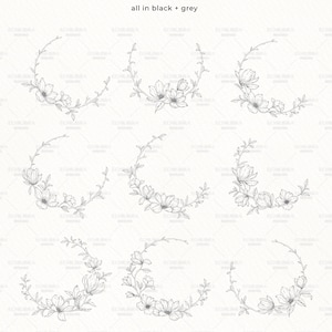 May include: Nine black and grey floral wreaths with magnolia flowers. The wreaths are drawn in a simple, elegant style.  The text "9 Wreaths" and "all in black + grey" is at the top of the image. The text "See more" with an arrow is at the top right of the image. The text "Copyright Reserved &copy; Echilibra Design" is at the bottom of the image.