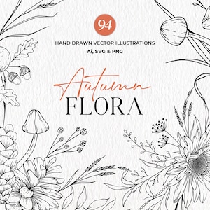 Arte de linha floral de outono, flores de outono, desenhos de outono desenhados à mão, arte de linha botânica SVG, pacote SVG de outono, uso comercial