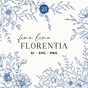 Puede incluir: Un elegante diseño floral con arte lineal azul. La imagen presenta varias flores y hojas dispuestas en las esquinas, con el texto "fine line FLORENTIA" e indicadores de tipo de archivo. Un círculo azul con el número 25 está en el centro superior.