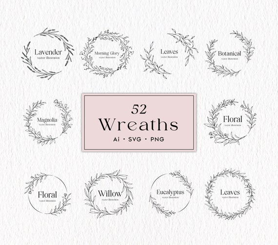 Wreath SVG Bundle, Botanical Hand Drawn, Floral Wreath Clipart PNG, Laurel Wreath, Floral SVG, Commercial Use