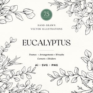 May include: A digital graphic featuring black line art illustrations of eucalyptus branches arranged in the corners. The text reads 75 ELEMENTS, HAND-DRAWN VECTOR ILLUSTRATIONS, EUCALYPTUS, Frames, Arrangements, Wreaths, Corners, Dividers, Ai, SVG, PNG.