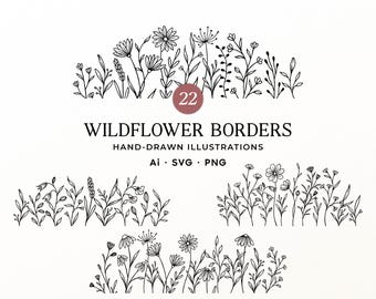 Könnte beinhalten: Eine Sammlung von handgezeichneten Wildblumen-Bordüren in Schwarz-Weiß. Der Text lautet 22 WILDFLOWER BORDERS HAND-DRAWN ILLUSTRATIONS Ai SVG PNG. Das Bild zeigt vier verschiedene florale Anordnungen mit unterschiedlichen Stängeln und Blüten.