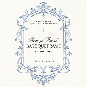 Può includere: Illustrazione di una cornice barocca floreale vintage blu e bianca. La cornice ha una forma ovale con dettagli floreali e di foglie ornate. Il testo include "Hand Drawn Vector Illustrations", "Vintage Floral Baroque Frame", e "Not AI-Generated".