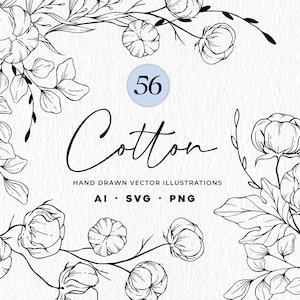 Coton plante SVG Bundle, dessins botaniques de coton, des cliparts coton-tige, fine ligne coton SVG, PNG botanique dessiné à la main, usage Commercial