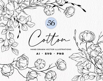 Coton plante SVG Bundle, dessins botaniques de coton, des cliparts coton-tige, fine ligne coton SVG, PNG botanique dessiné à la main, usage Commercial
