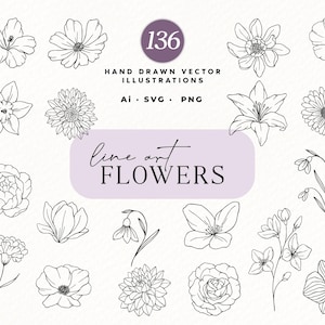 Dessin au trait Floral SVG, fleurs minimalistes, lot de fleurs SVG, fleurs botaniques dessinées à la main, usage commercial
