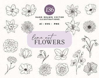 花の線画イラスト、花柄ベクタークリップアート、植物のSVG、PNG、AI（デジタルダウンロード）