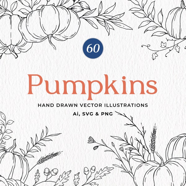Hand-Drawn Pumpkin SVG, Fall Florals, Autumn Decor Arrangement, Pumpkin Clip Art, Autumn SVG Bundle, Commercial Use