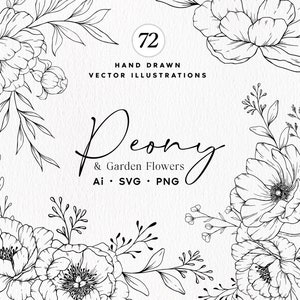 Peony Fine Line Artwork, Garden Flowers, Botanical Line Art, SVG, Clipart, Hand Drawn Vector Flowers, Commercial Use