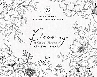 Peony Fine Line Artwork, Garden Flowers, Botanical Line Art, SVG, Clipart, Hand Drawn Vector Flowers, Commercial Use