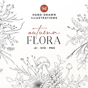 Fall Botanical Line Art SVG Bundle: 108 Hand-Drawn Wildflower and Mushroom Clipart