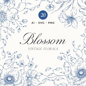 May include: A digital graphic design with blue floral illustrations on a cream background. The design includes various flower types, leaves, and vines, with the word "Blossom" in elegant script and the text "Vintage Florals".