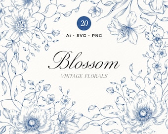 Vintage Wedding Flowers SVG, Ai, PNG, Blue Chinoiserie, Floral Frame Design, Hand Drawn Botanical