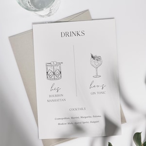 May include: A printable wedding drinks menu with a black and white illustration of a cocktail glass and a glass of bourbon. The text reads "Drinks", "His", "Bourbon Manhattan", "Hers", "Gin Tonic", "Cocktails", "Cosmopolitan, Martini, Margarita, Paloma, Moscow Mule, Aperol Spritz, Daiquiri", and "Mockups are not included."