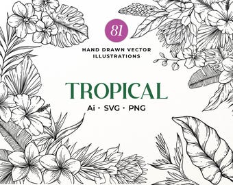 Tropical Flower SVG Bundle, Hand-Drawn Floral Frames, Bouquets and Botanical Clipart PNG