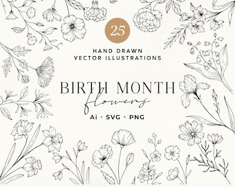 25 Birth Month Flower Clipart, Hand-Drawn Botanical Line Art for All 12 Months, SVG PNG