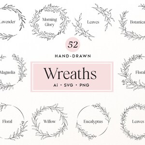 Puede incluir: Una colección de 52 ilustraciones de coronas botánicas dibujadas a mano en blanco y negro. La imagen presenta varios diseños florales circulares etiquetados con texto que incluye Lavender, Morning Glory, Leaves, Botanical, Magnolia, Floral, Willow y Eucalyptus.