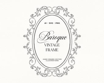 Baroque Vintage Frame SVG, Wedding Invitation Ornate Crest, Line Art Clipart PNG, Border Design