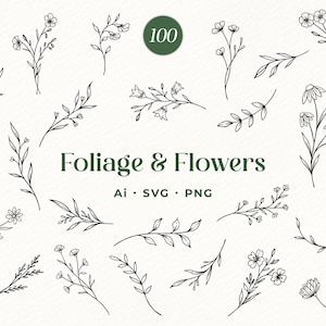 Può includere: Una collezione di 100 illustrazioni in linea nera di fogliame e fiori. L'immagine presenta vari elementi botanici, tra cui foglie, rametti e disegni floreali. Il testo "Foliage & Flowers" è visualizzato in verde scuro, insieme alle informazioni sul tipo di file.