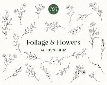 May include: A collection of 100 black line art illustrations of foliage and flowers. The image features various botanical elements, including leaves, sprigs, and floral designs. The text "Foliage & Flowers" is displayed in dark green, along with file type information.