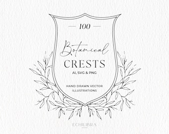 100 Botanical Crests, Hand Drawn Vector Illustrations, AI SVG PNG (Digital Download)