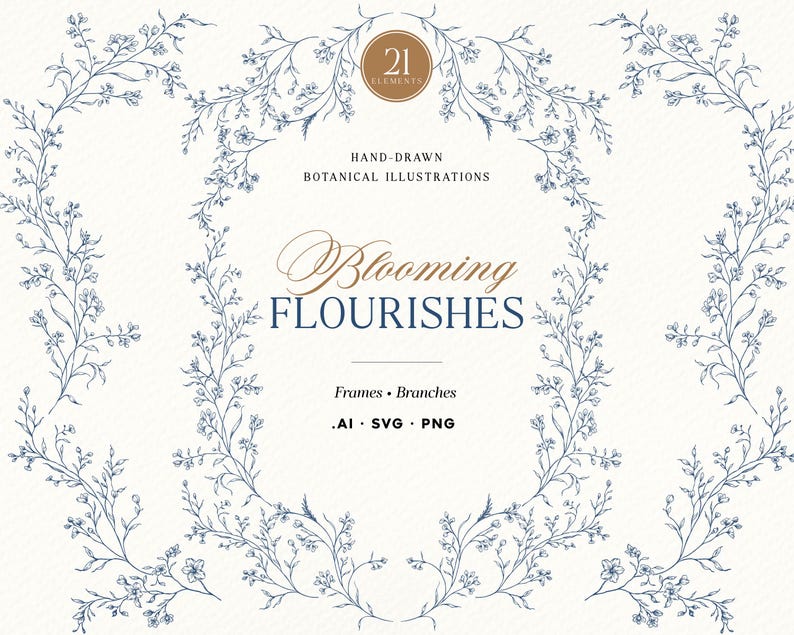 May include: A digital collection of 21 hand-drawn botanical illustrations titled Blooming Flourishes. The design features blue floral branches forming frames on a cream background with text including .AI, .SVG, and .PNG file formats.