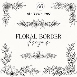 花のラインアートボーダー、植物SVG、クリップアートPNG、ウェディングフラワーデザイン、手描きベクターフラワー、フラワーフレーム