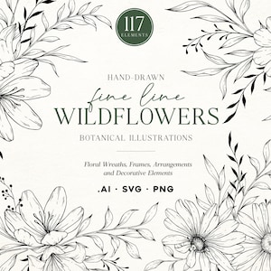 Wildflower SVG Bundle: 117 Hand-Drawn Botanical Line Art Elements, Frames & PNG Clipart