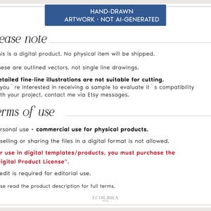 May include: A white informational card with black text titled Please note and Terms of use. It states this is a digital product, not for cutting, and outlines usage rights including personal and commercial use, with a blue header stating HAND-DRAWN ARTWORK NOT AI-GENERATED.