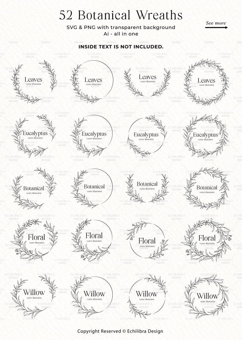 May include: A collection of 52 botanical wreaths in SVG and PNG formats, with transparent backgrounds. Each wreath features a different botanical design, including leaves, eucalyptus, floral, and willow. The text "52 Botanical Wreaths" is at the top.