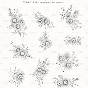 K&ouml;nnte beinhalten: Zehn Schwarzwei&szlig;-Zeichnungen von Sonnenblumenarrangements. Jedes Arrangement zeigt Sonnenblumen und Bl&auml;tter. Der Text "10 Arrangements" und "SVG & PNG mit transparentem Hintergrund" befindet sich oben im Bild. Der Text "Copyright Reserved &copy; Echilibra Design" befindet sich unten im Bild.