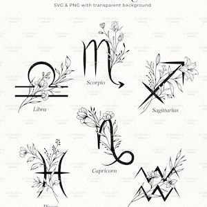 Puede incluir: Ilustraciones en blanco y negro de arte de l&iacute;nea de los 12 signos del zod&iacute;aco con acentos florales. Los signos son Libra, Escorpio, Sagitario, Capricornio, Acuario y Piscis.