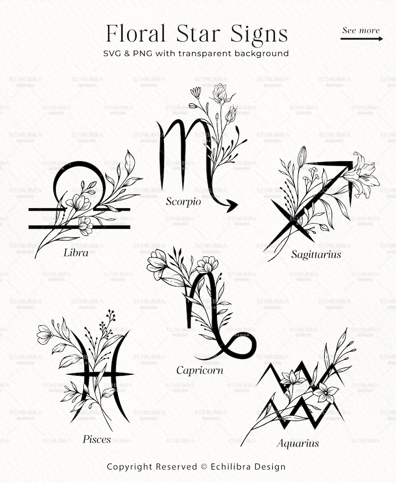 Puede incluir: Ilustraciones en blanco y negro de arte de l&iacute;nea de los 12 signos del zod&iacute;aco con acentos florales. Los signos son Libra, Escorpio, Sagitario, Capricornio, Acuario y Piscis.