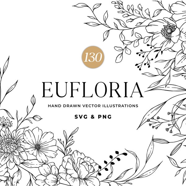 Floral Line Art, Botanical Line Art SVG, Clipart, Wedding Flowers, Hand Drawn Vector Flowers and Plants, Commercial Use
