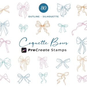 Può includere: Un'immagine con 20 illustrazioni di fiocchi a contorno e silhouette, in vari colori, tra cui verde acqua, rosa e oro. Il testo "Coquette Bows" e "ProCreate Stamps" sono presenti, insieme al numero "80" in un cerchio.