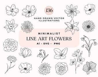 Dessin au trait Floral SVG, fleurs minimalistes, lot de fleurs SVG, fleurs botaniques dessinées à la main, usage commercial