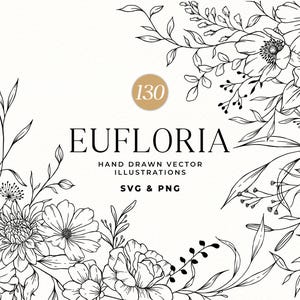 Arte lineal floral, arte lineal botánico SVG, clipart, flores de boda, flores y plantas vectoriales dibujadas a mano, uso comercial