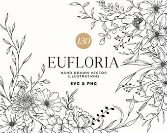 Floral Line Art, botanische Line Art SVG, Clipart, Hochzeitsblumen, handgezeichnete Vektorblumen und Pflanzen, kommerzielle Nutzung