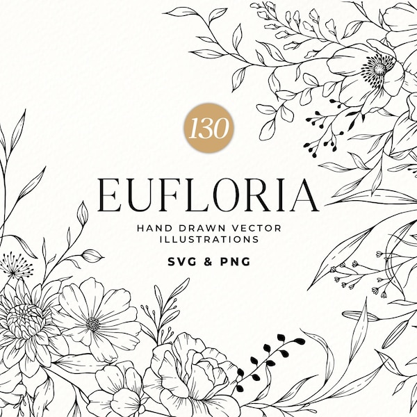 Arte lineal floral, arte lineal botánico SVG, clipart, flores de boda, flores y plantas vectoriales dibujadas a mano, uso comercial