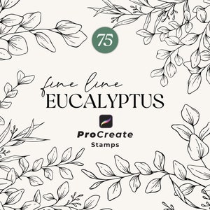 Pode incluir: 75 selos de eucalipto de linha fina Procreate. Uma ilustração digital de 75 folhas e ramos de eucalipto em preto e branco.