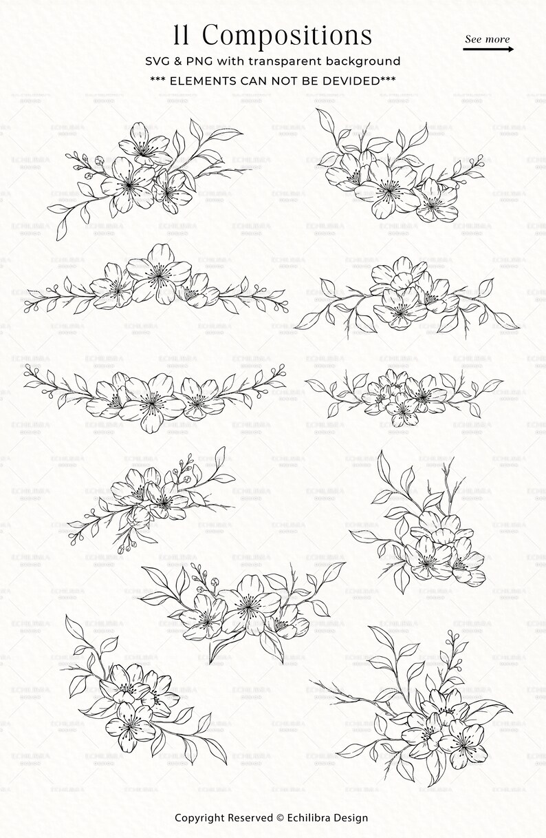 Cherry Blossom Line Art SVG, Floral SVG Bundle, Botanical Hand Drawn Illustration Clipart, Cherry Wreath Designs, Commercial Use image 3