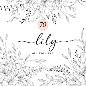 Lilie Floral Line Art, Lilie SVG Bundle, Botanische Blumen Line Art SVG, Clipart, handgezeichnete Vektorblumen und Pflanzen, kommerzielle Nutzung