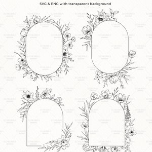K&ouml;nnte beinhalten: Zw&ouml;lf schwarze und wei&szlig;e florale Rahmen mit transparentem Hintergrund. Die Rahmen sind oval und gew&ouml;lbt. Der Text "12 Border Frames" und "SVG & PNG with transparent background" befindet sich oben im Bild. Der Text "Copyright Reserved Echilibra Design" befindet sich unten im Bild.