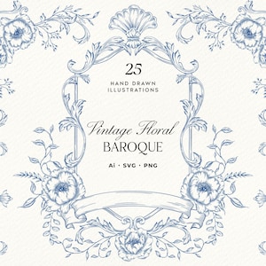 May include: A digital illustration featuring a vintage floral baroque design in blue on a cream background. The design includes floral elements, a decorative frame, and the text "Vintage Floral Baroque". The image also includes the text "25 Hand Drawn Illustrations".