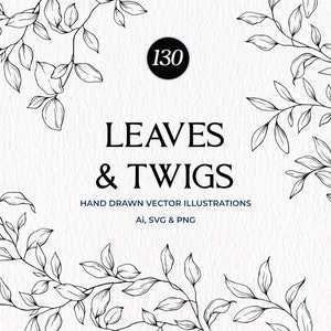 Botanical Leaves and Twigs SVG Bundle, Hand Drawn Vector Greenery, Botanical Clipart, Tree Branch, Commercial Use