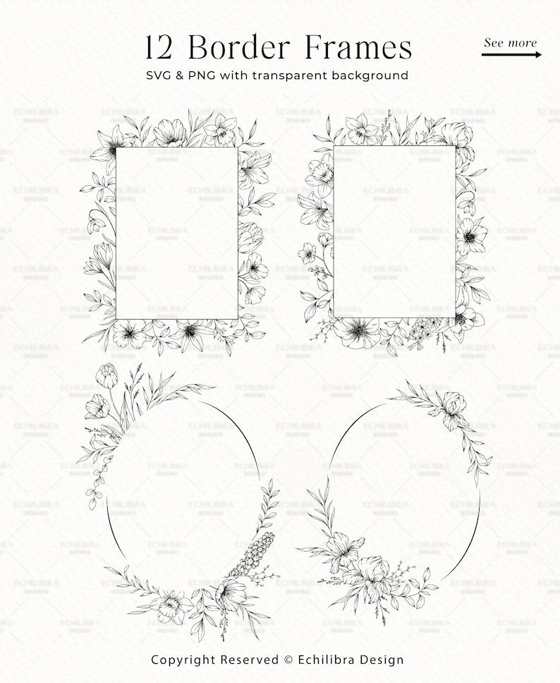 K&ouml;nnte beinhalten: Zw&ouml;lf schwarze und wei&szlig;e florale Rahmen mit transparentem Hintergrund. Die Rahmen sind in verschiedenen Formen, darunter quadratisch, rechteckig und oval. Die Rahmen sind perfekt, um Ihren Designs einen Hauch von Eleganz zu verleihen.