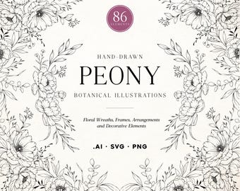 Peony Line Art: Hand-Drawn Floral Vector Graphics (SVG, PNG, .Ai)