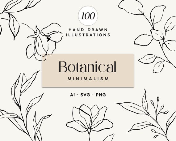 100 Minimalist Botanical Clipart Elements, Hand-Drawn Flower and Leaf Line Art, SVG PNG
