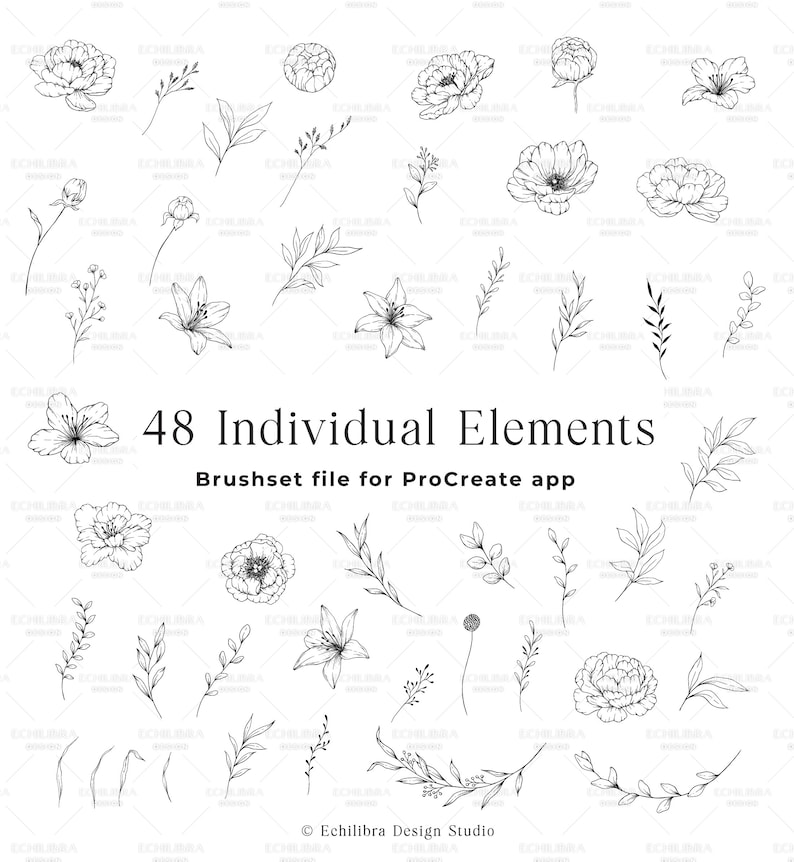 Procreate Peony Flower Stamps, Line Art Tattoo Brushes (digital ...